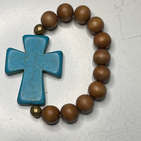 beaded bracelet turquoise colored blue stone cross brown beaded stretch style - Picture 1 of 5